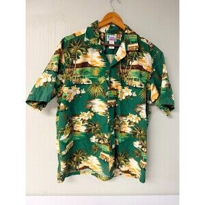 Hawaii Men's XL Green Classic Car Palm Tree Aloha Shirt Made in Hawaii